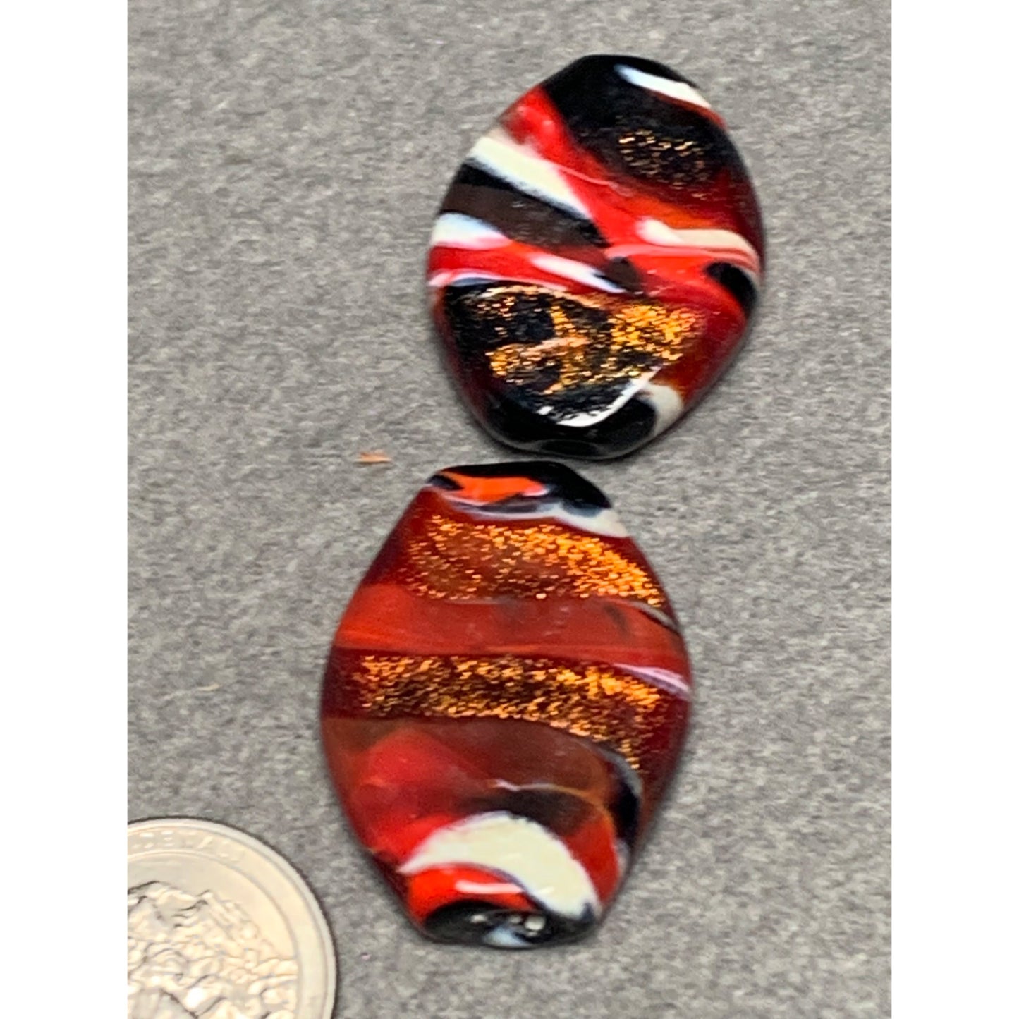 Handcrafted Lampwork Glass Beads - Red Black & Gold Glitter Swirl 2 Pcs Oval Shape