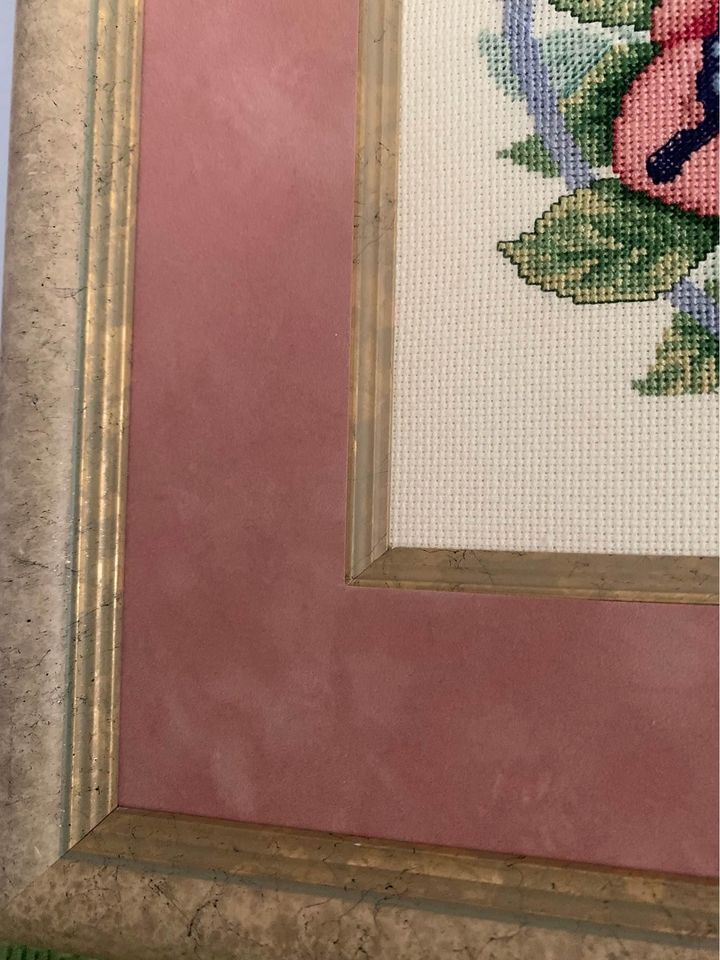 Pink Rose & Butterfly Needlepoint Framed Wall Art 16x17