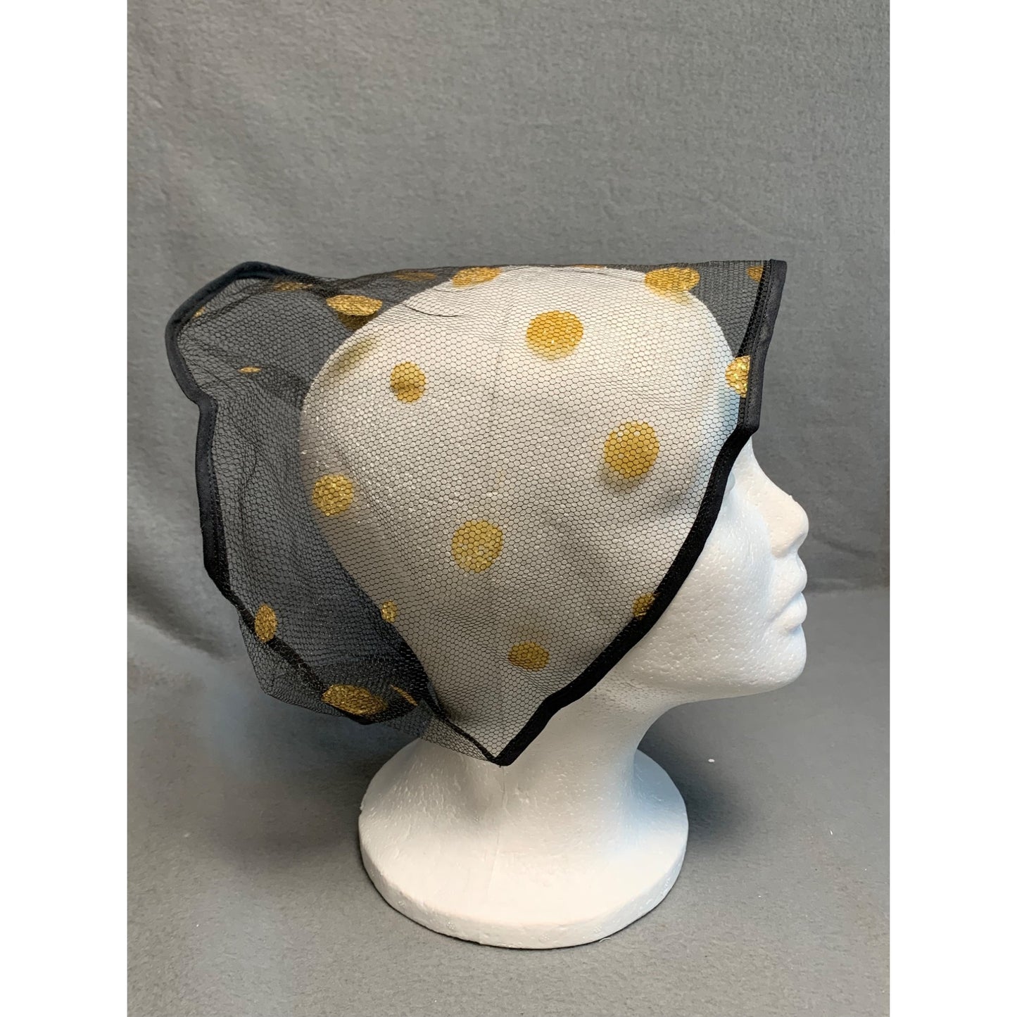 Vintage Womens Black Mesh Hair Net w/Gold Polka Dots - Retro Chic Head Covering