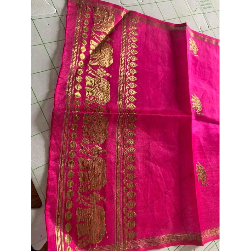 Women Hand Woven Pink with Gold Elephants Pure Silk Scarf Made in India