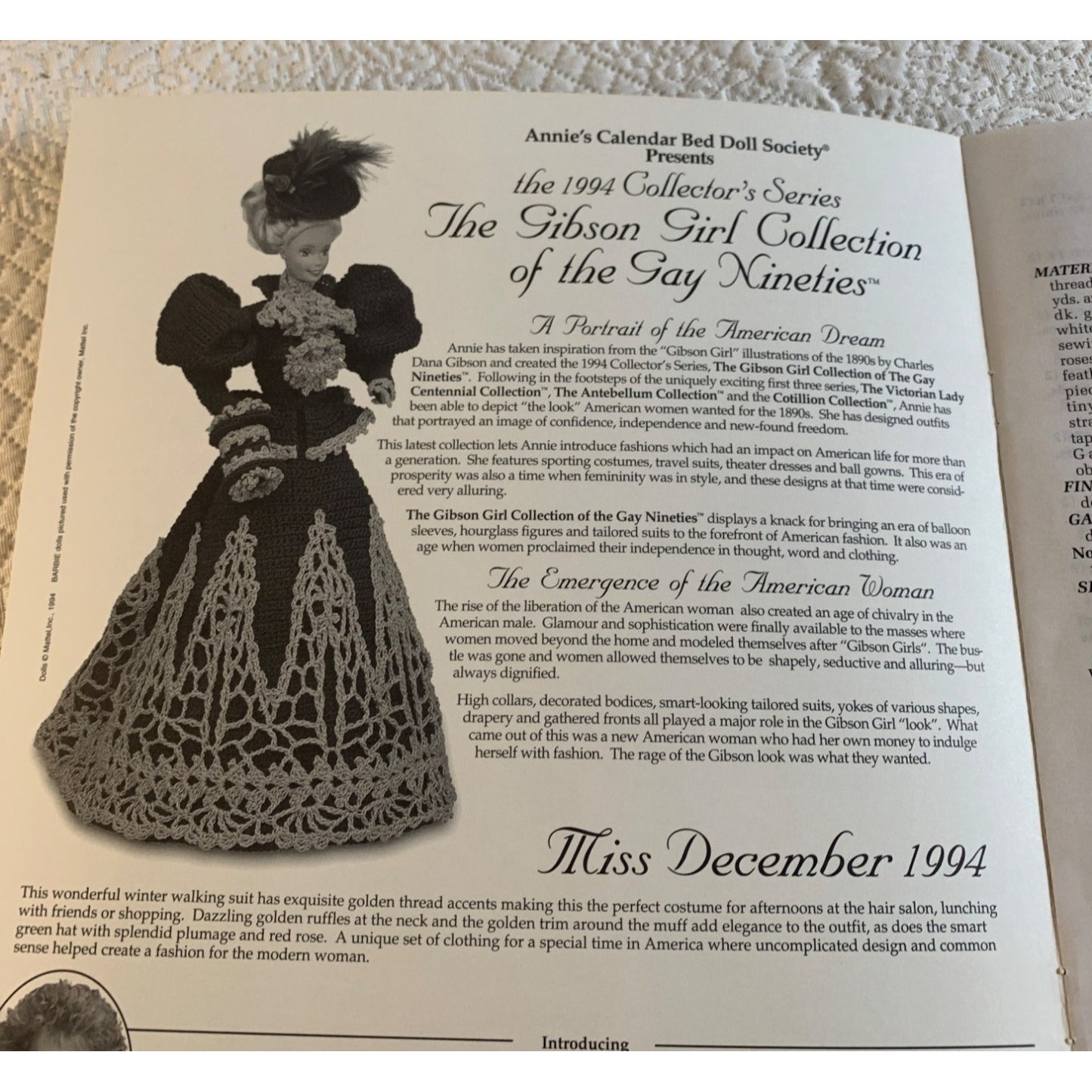 Annie's Calendar Bed Doll 1994 Miss December Doll Gown Crochet Pattern book