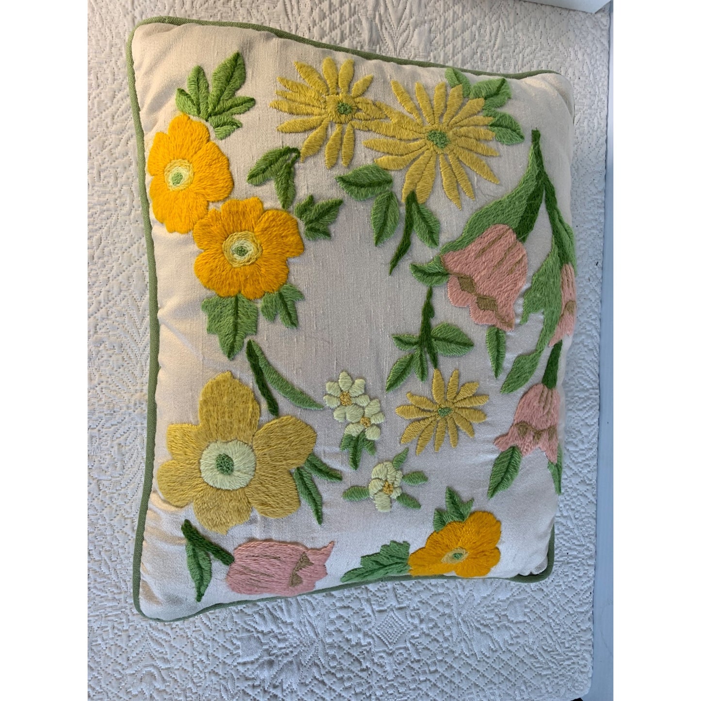 Vintage Crewel Yellow and Pink Flower accent pillow with green piping