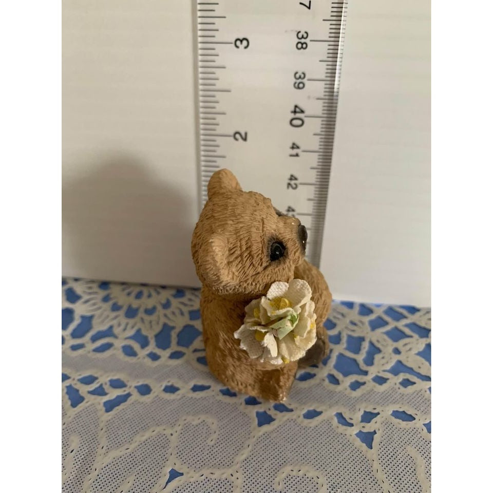 Stone Critter Bear Holding Flowers Figure