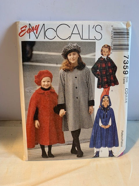 McCalls Children coat cape hat pattern sz 2 to 4 7359 - uncut