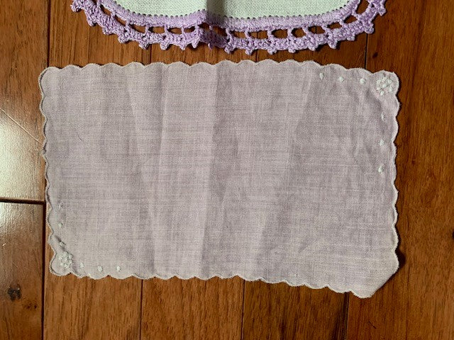 Vintage Embroidered Lady with crocheted edge linen doily set #31b