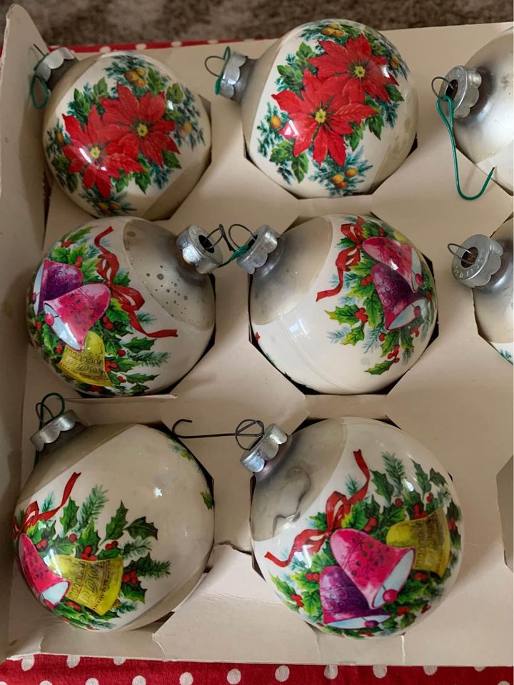 Vintage Noelle Poinsettia & Bells Glass Ornaments Set of 8