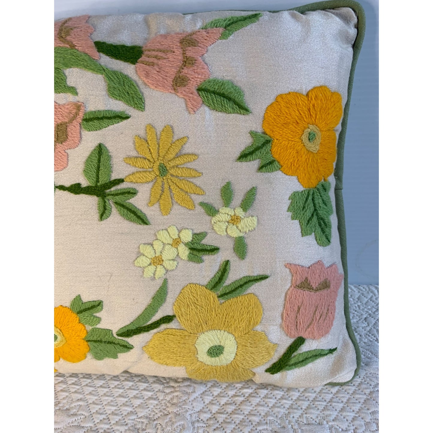 Vintage Crewel Yellow and Pink Flower accent pillow with green piping