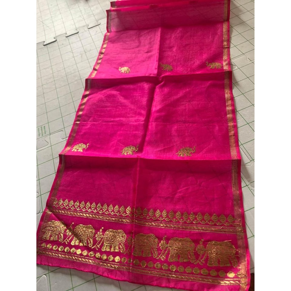 Women Hand Woven Pink with Gold Elephants Pure Silk Scarf Made in India