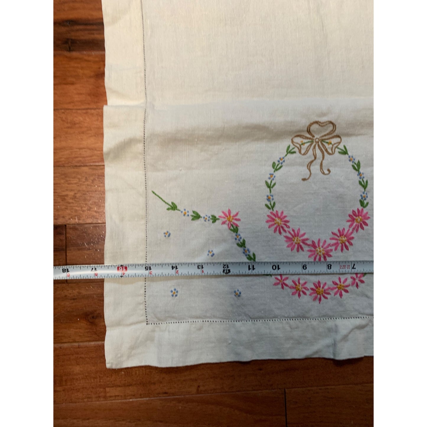 Vintage Embroidery Pink and Blue Flower Linen Table Runner 16"x41"