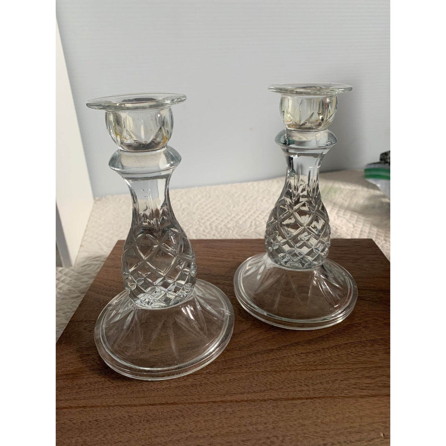 Cambridge Pineapple Pattern Clear Pressed Glass Candle Stick set of 2 6 inch tall