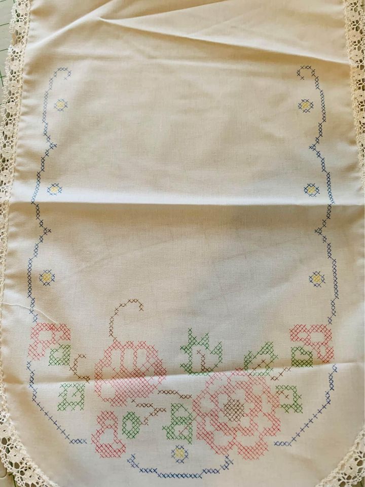 Flower Stamped Cross Stitch Table Runner 13”x36”