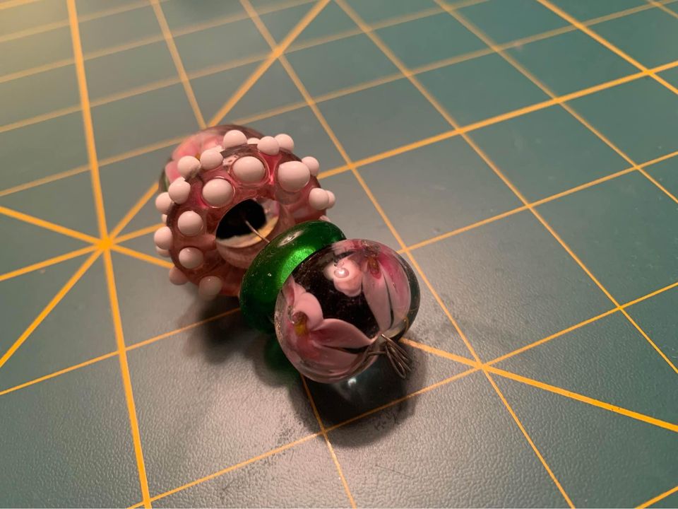 Handmade pink green Glass Lampwork Beads - New