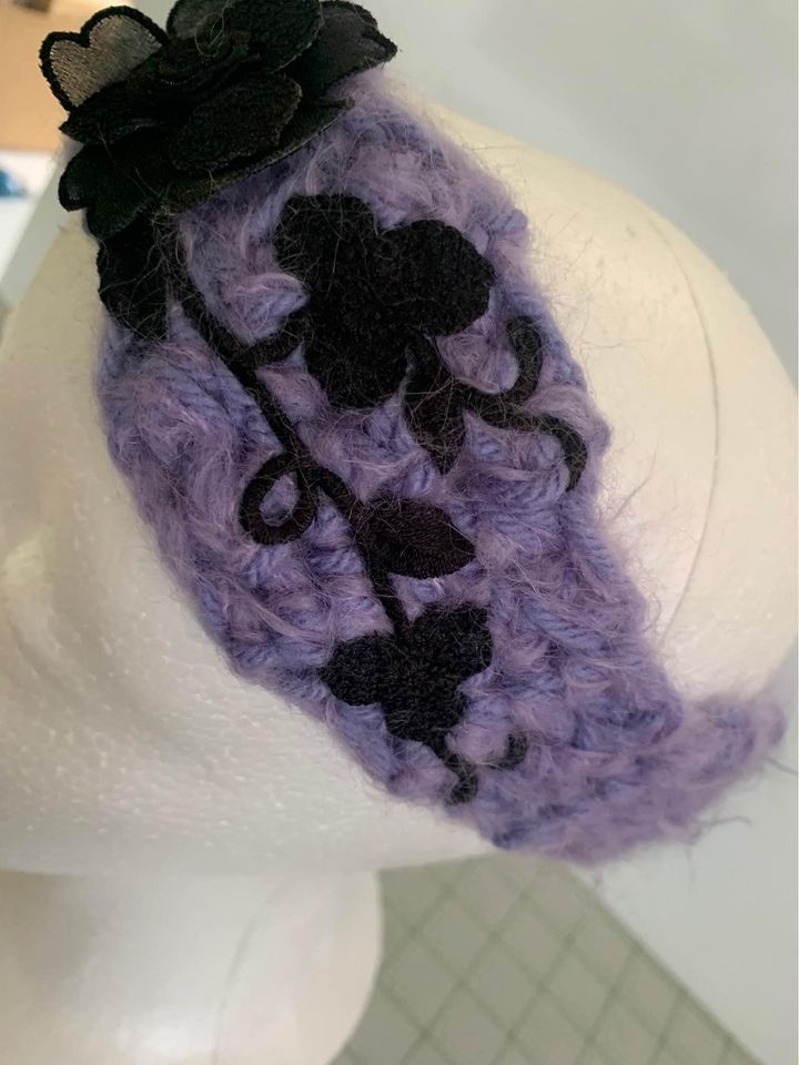 Handmade Purple with Black Flower Crocheted Headband - New