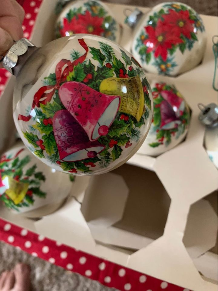 Vintage Noelle Poinsettia & Bells Glass Ornaments Set of 8