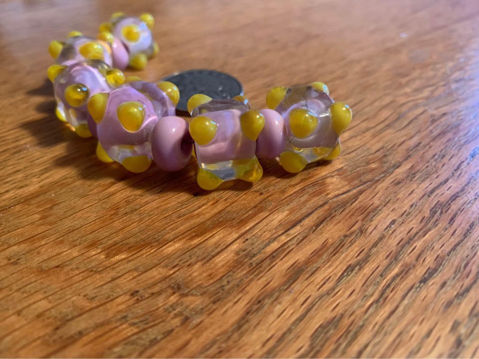 Handmade pink and yellow lampwork glass beads - New