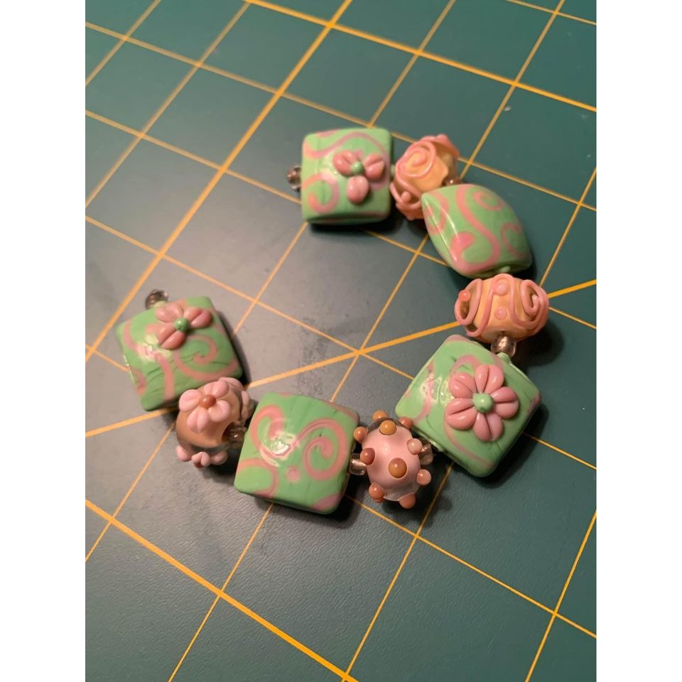 Handmade pink & green glass lampwork beads - New