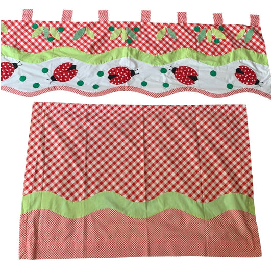 Ladybug Themed Lined 2 Valances & 2 Tiers Curtain Set Red Gingham