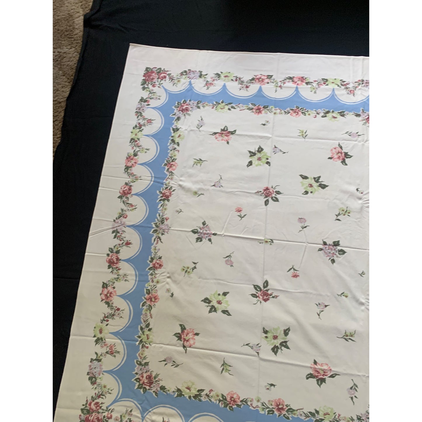 Vintage Blossom Breeze Floral Tablecloth with Blue & Pink Rose Border