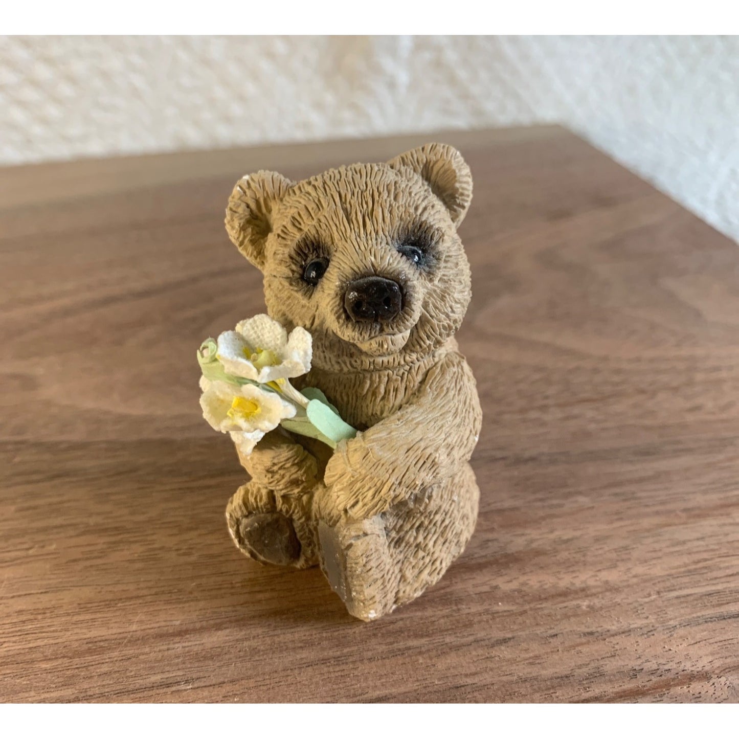 Stone Critter Bear Holding Flowers Figure