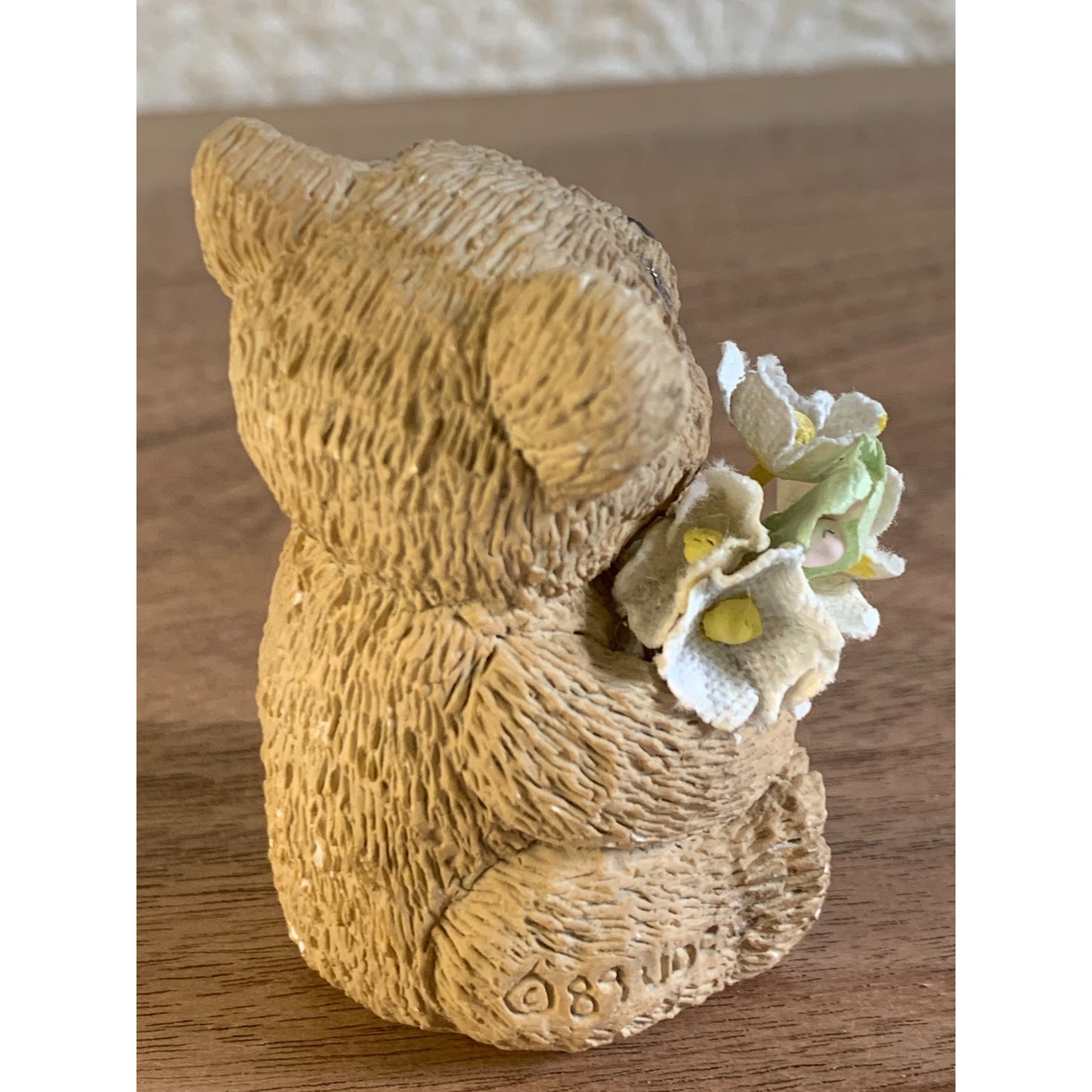 Stone Critter Bear Holding Flowers Figure