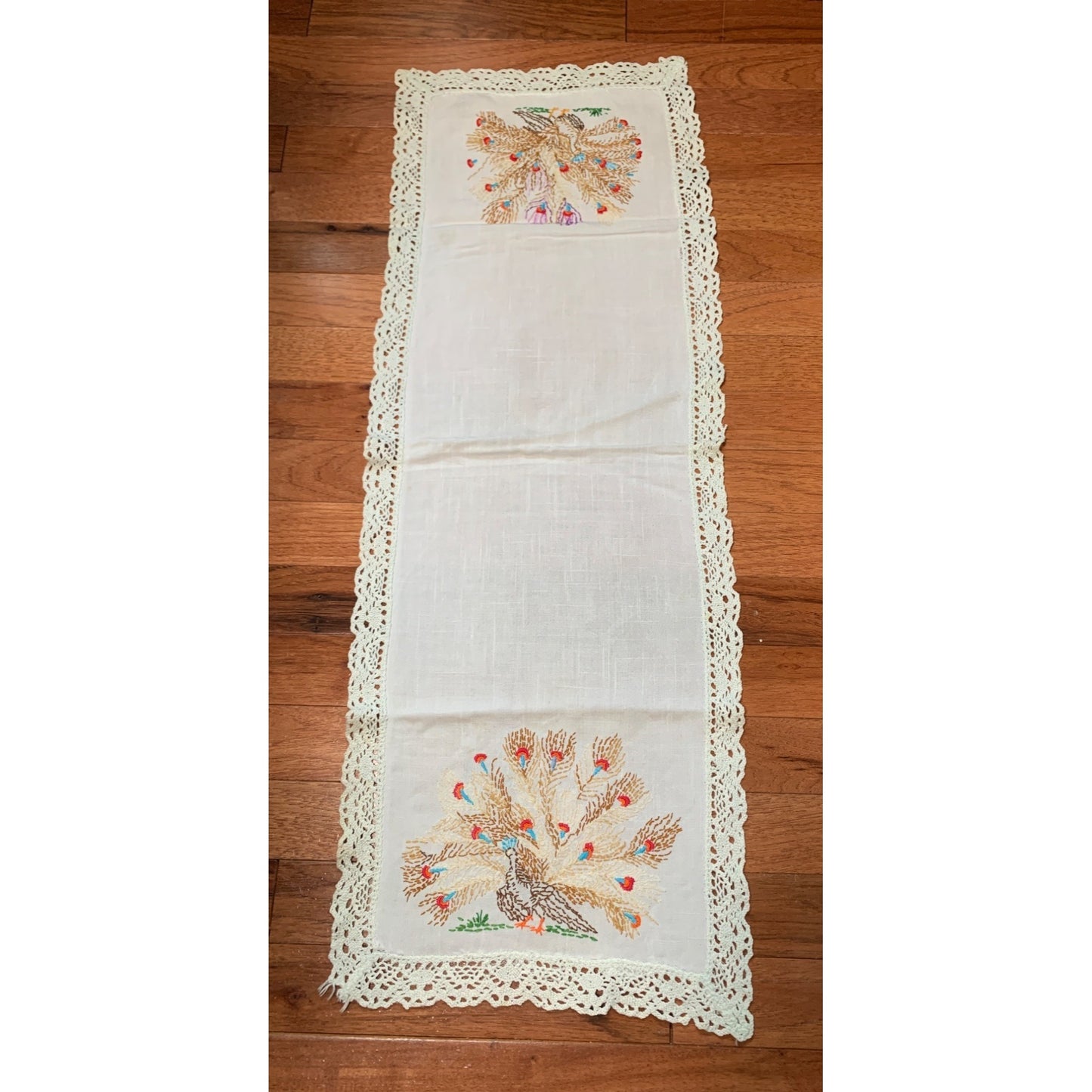 Vintage Hand Embroidered Peacock White Table Runner 12x34 inches