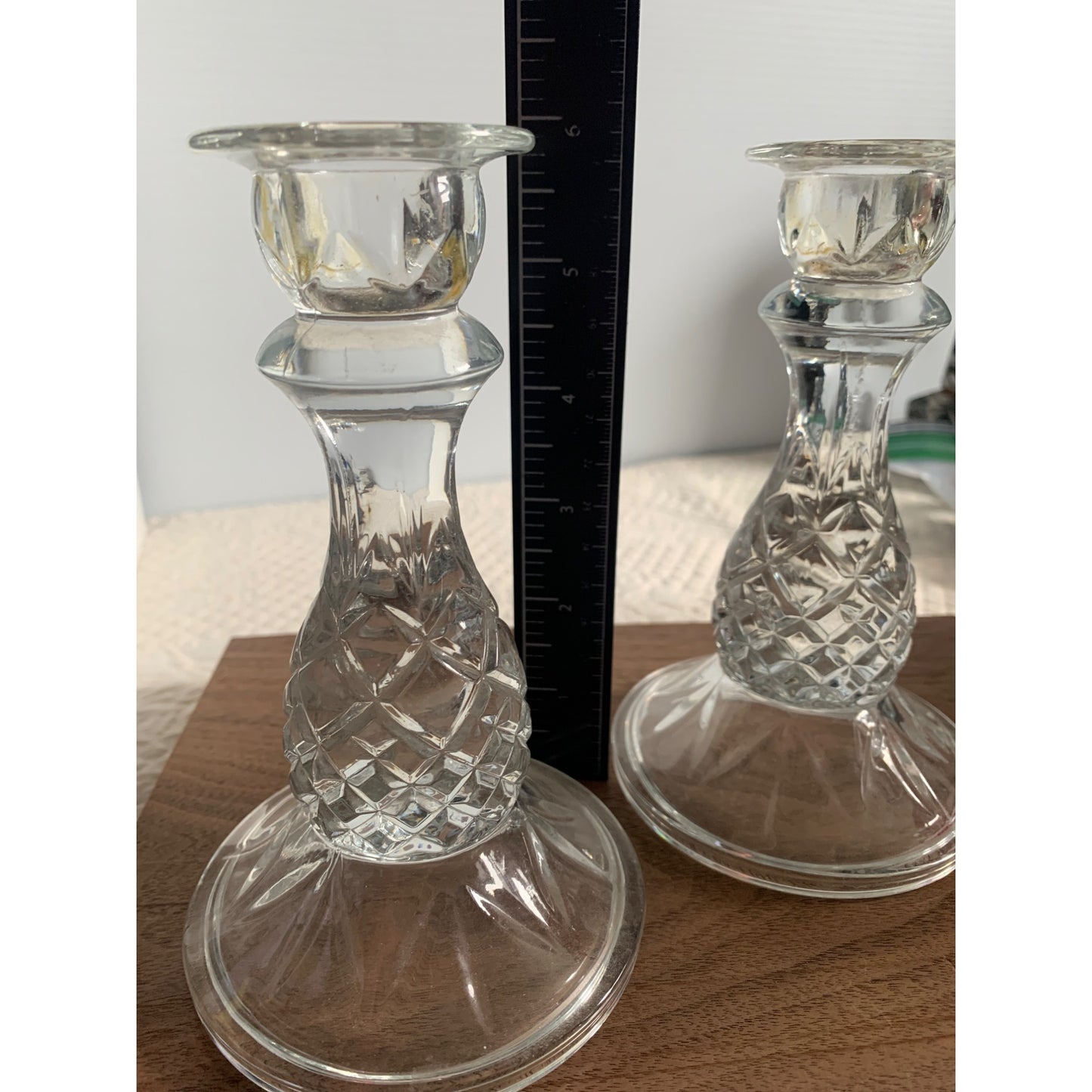 Cambridge Pineapple Pattern Clear Pressed Glass Candle Stick set of 2 6 inch tall