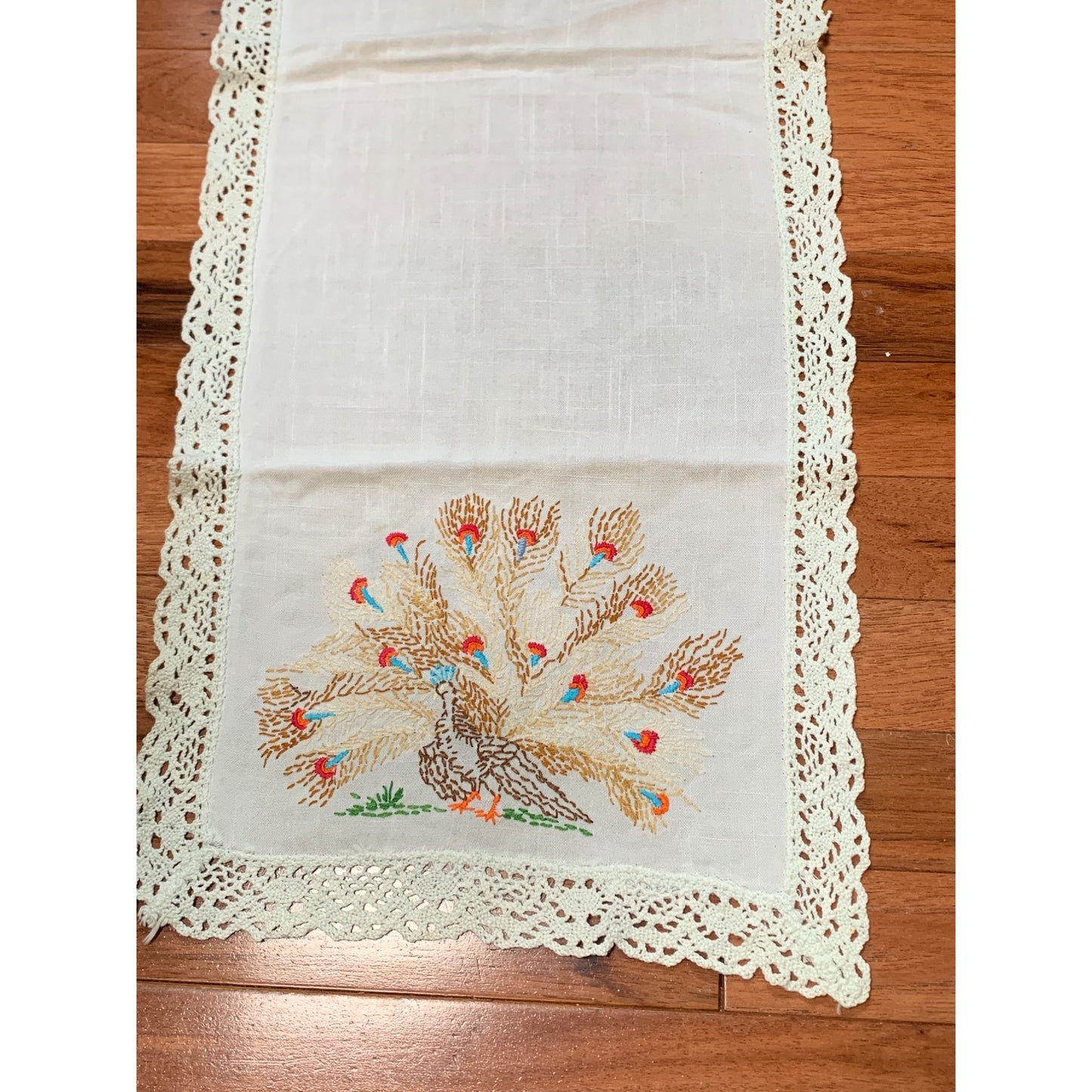 Vintage Hand Embroidered Peacock White Table Runner 12x34 inches