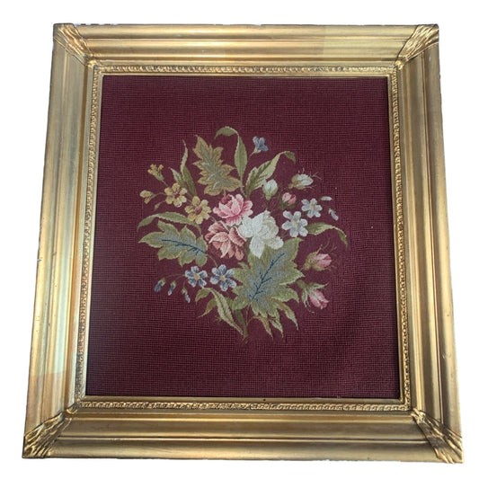 Vintage Floral Needlepoint in Gold Frame 20"x19" - Wall Art for Home Decor