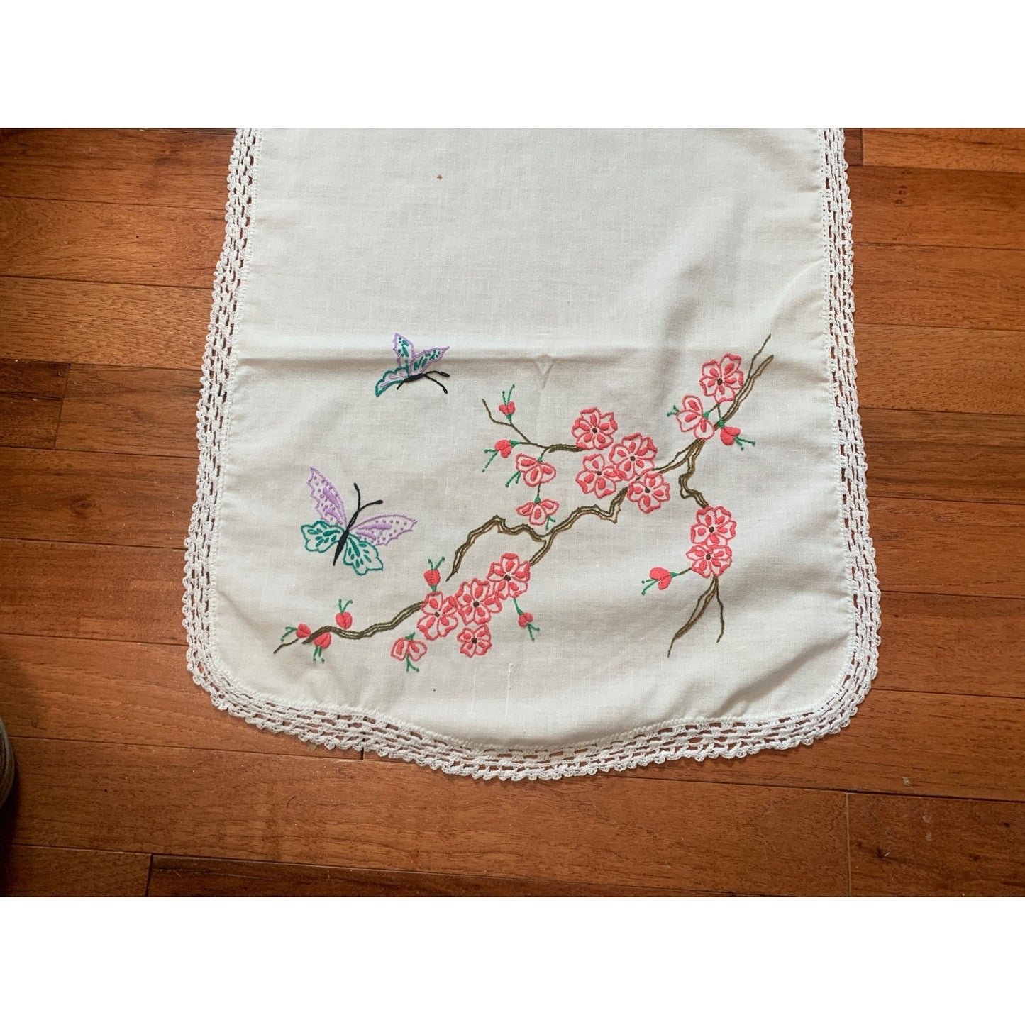 Hand Embroidered Flower Tree with Butterflies 16x42