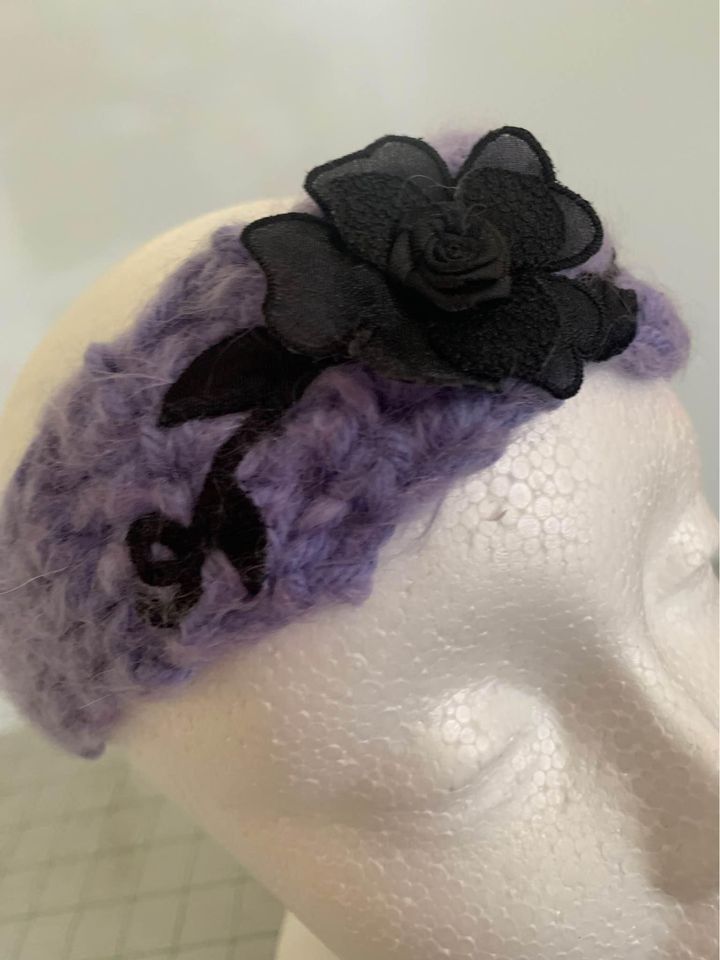 Handmade Purple with Black Flower Crocheted Headband - New