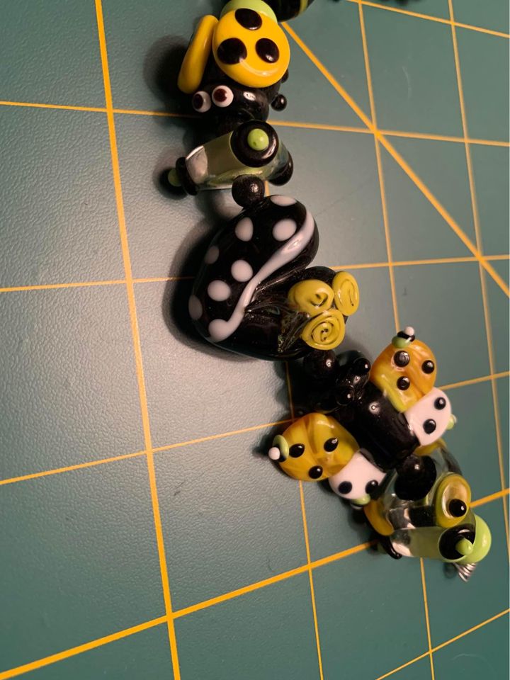 Handmade Yellow, green & black Lampwork Glass Beads - New