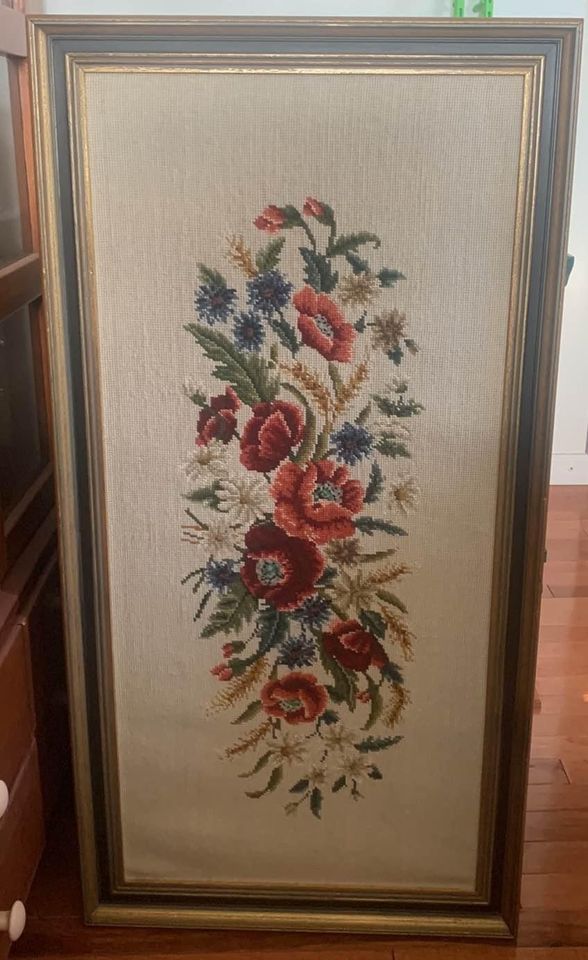 Vintage Flower Needlepoint Framed Wall Art