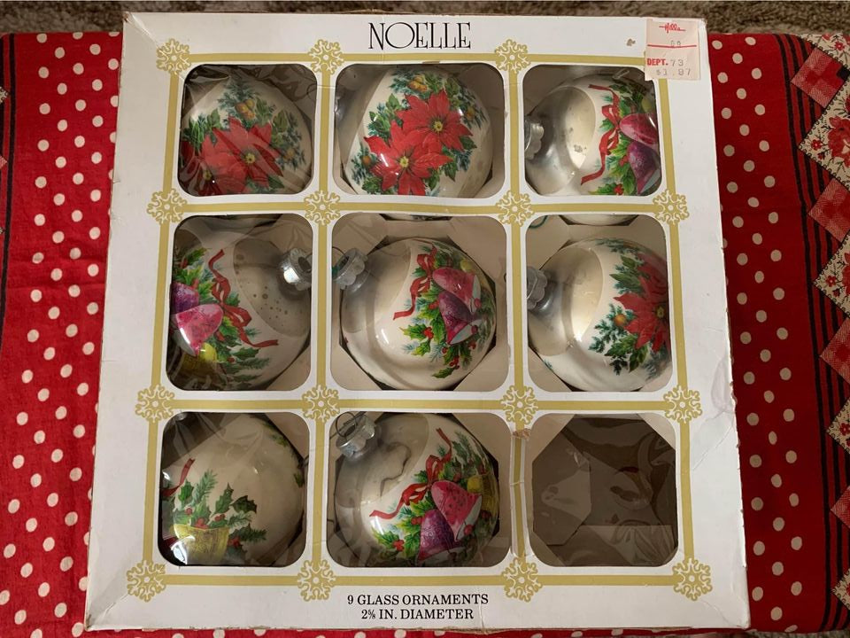 Vintage Noelle Poinsettia & Bells Glass Ornaments Set of 8