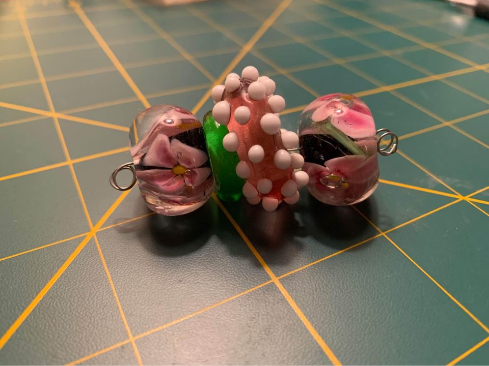 Handmade pink green Glass Lampwork Beads - New