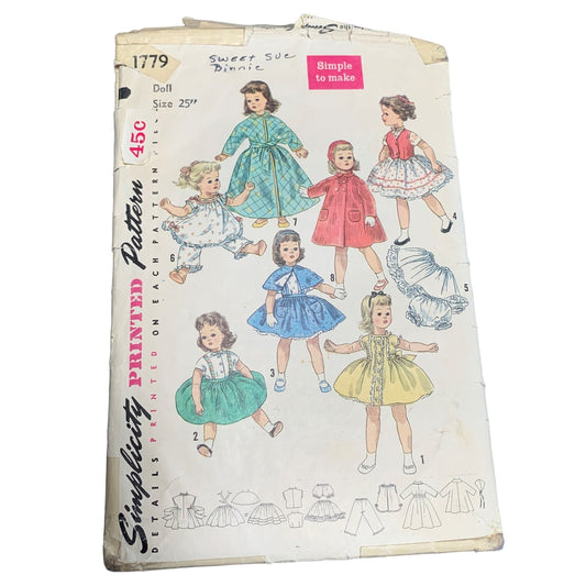 Vintage Simplicity 1779 Doll Clothes Sewing Pattern Sweet Sue Doll Size 25" 1950s