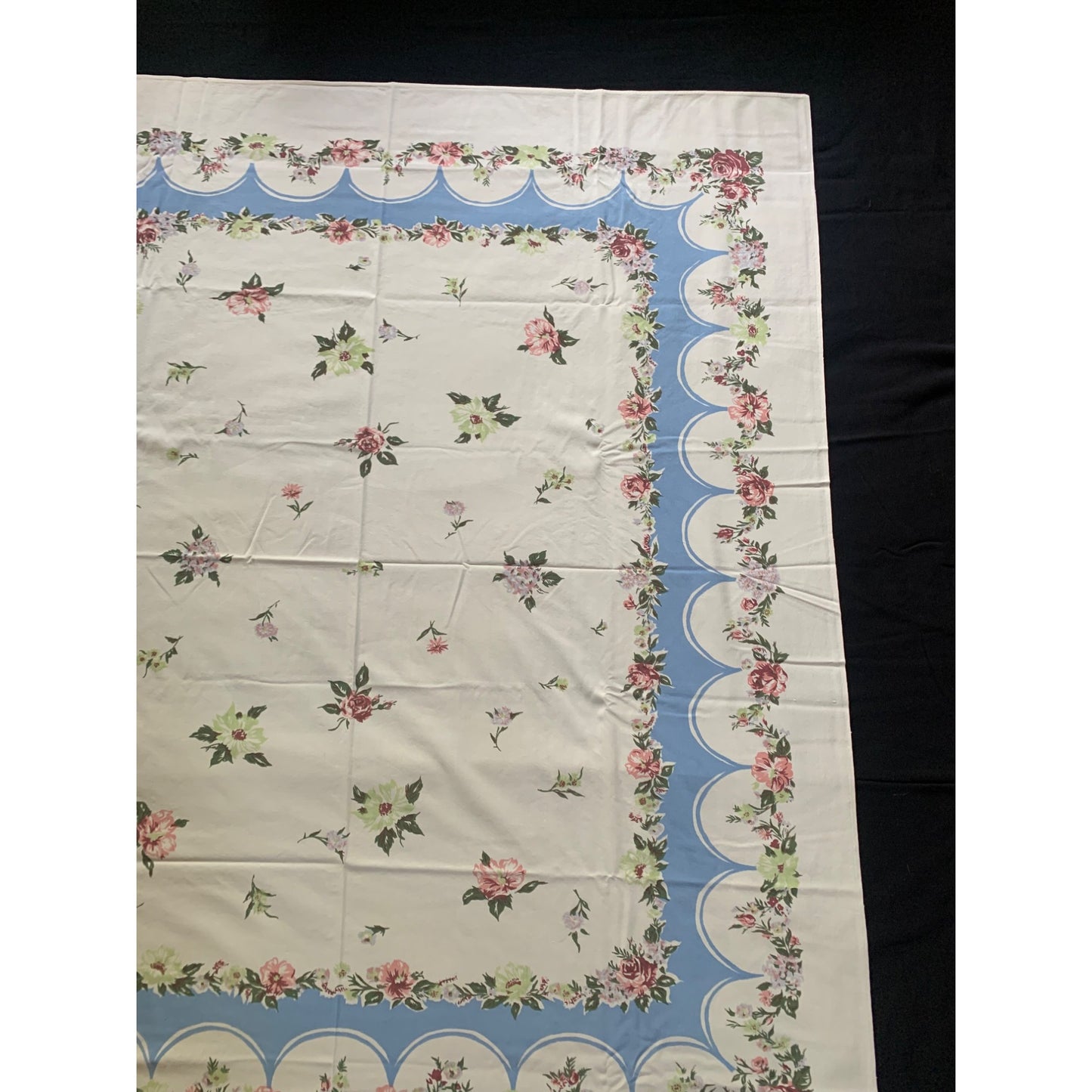 Vintage Blossom Breeze Floral Tablecloth with Blue & Pink Rose Border