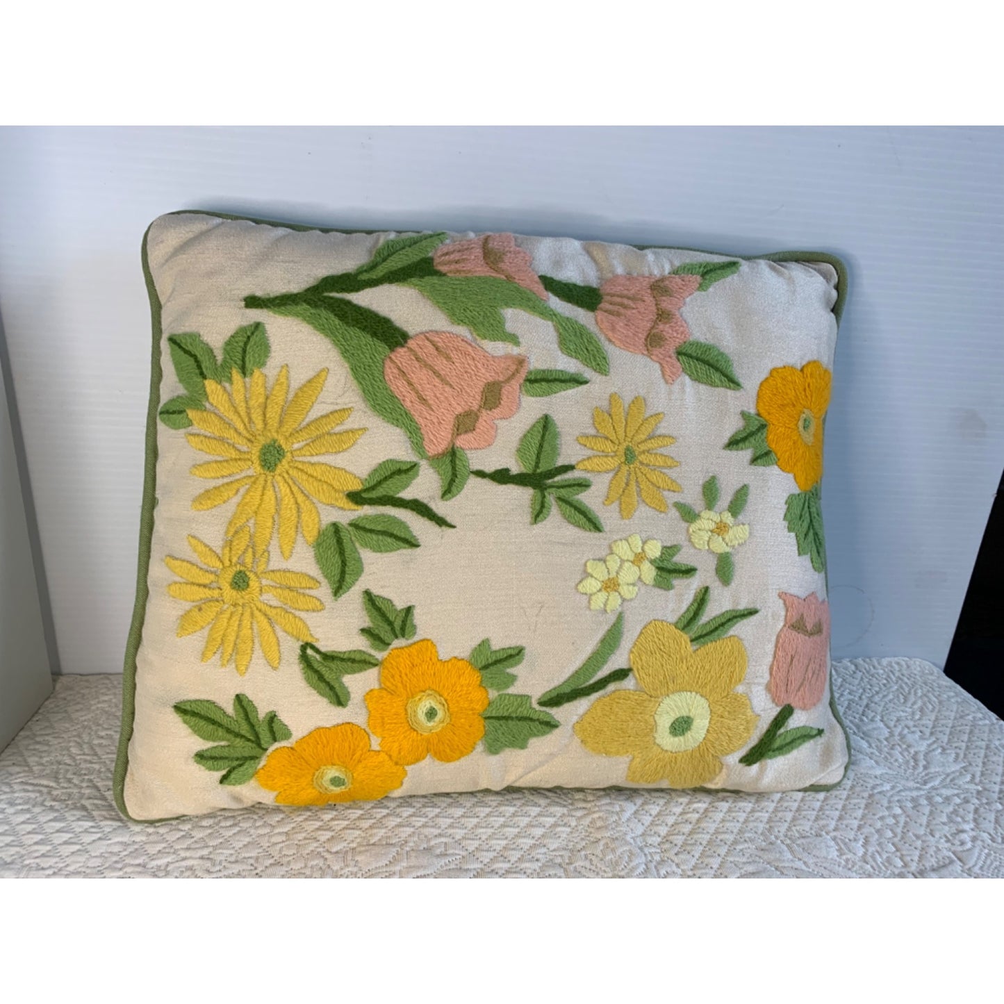 Vintage Crewel Yellow and Pink Flower accent pillow with green piping