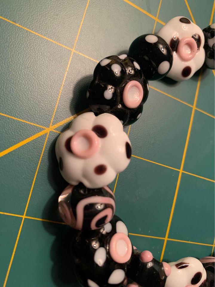 Handmade pink black & white glass lampwork beads - New