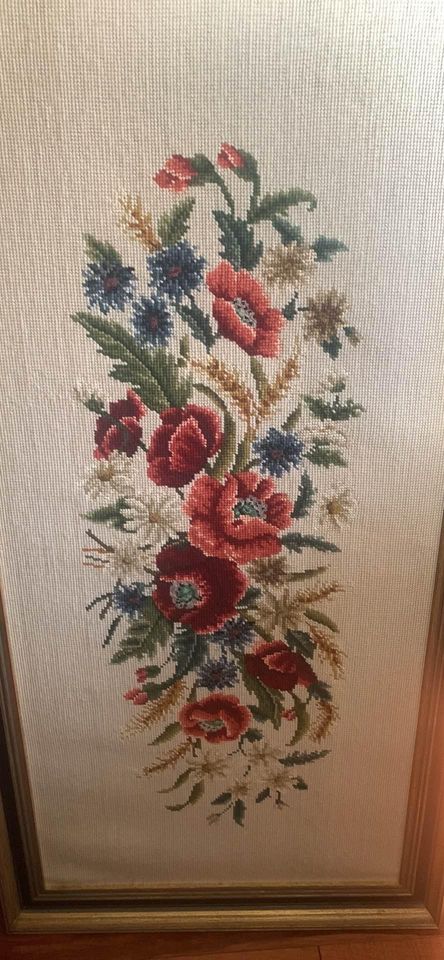 Vintage Flower Needlepoint Framed Wall Art