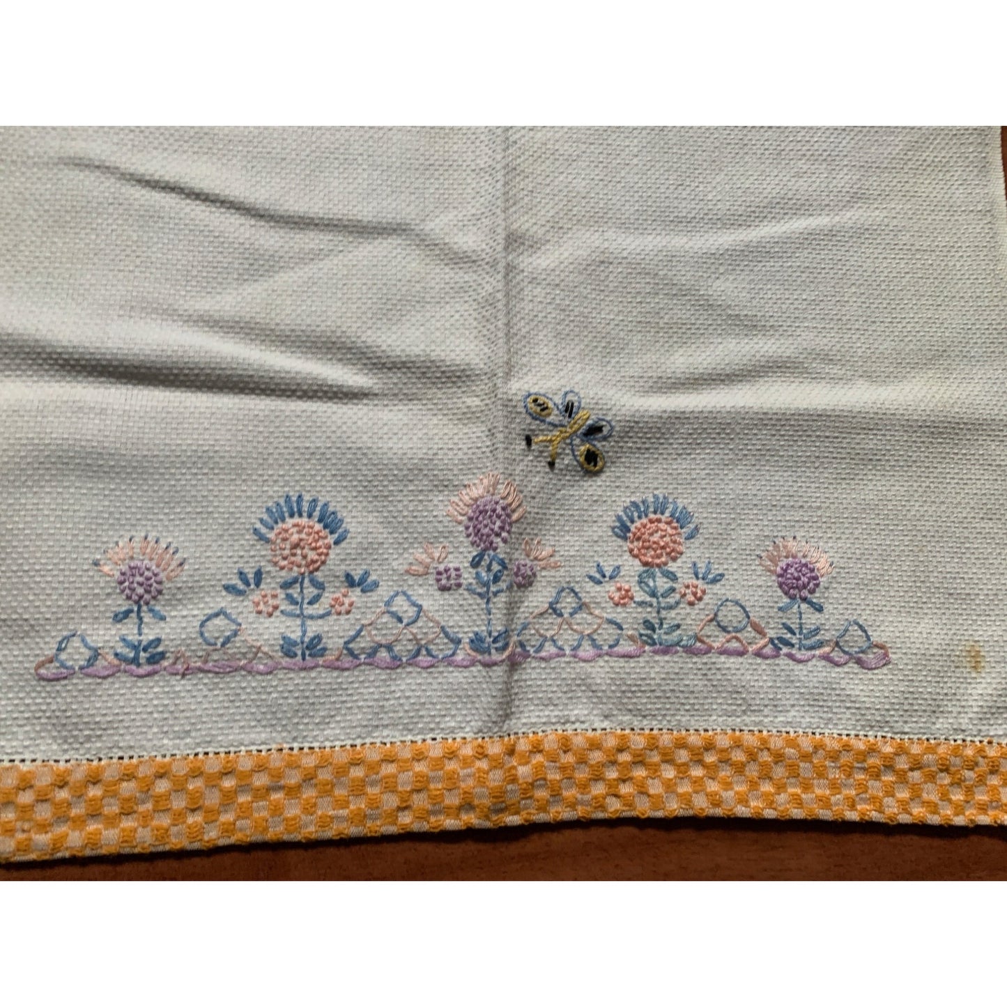 Vintage Blue Pink and Purple embroidered flower hand towel