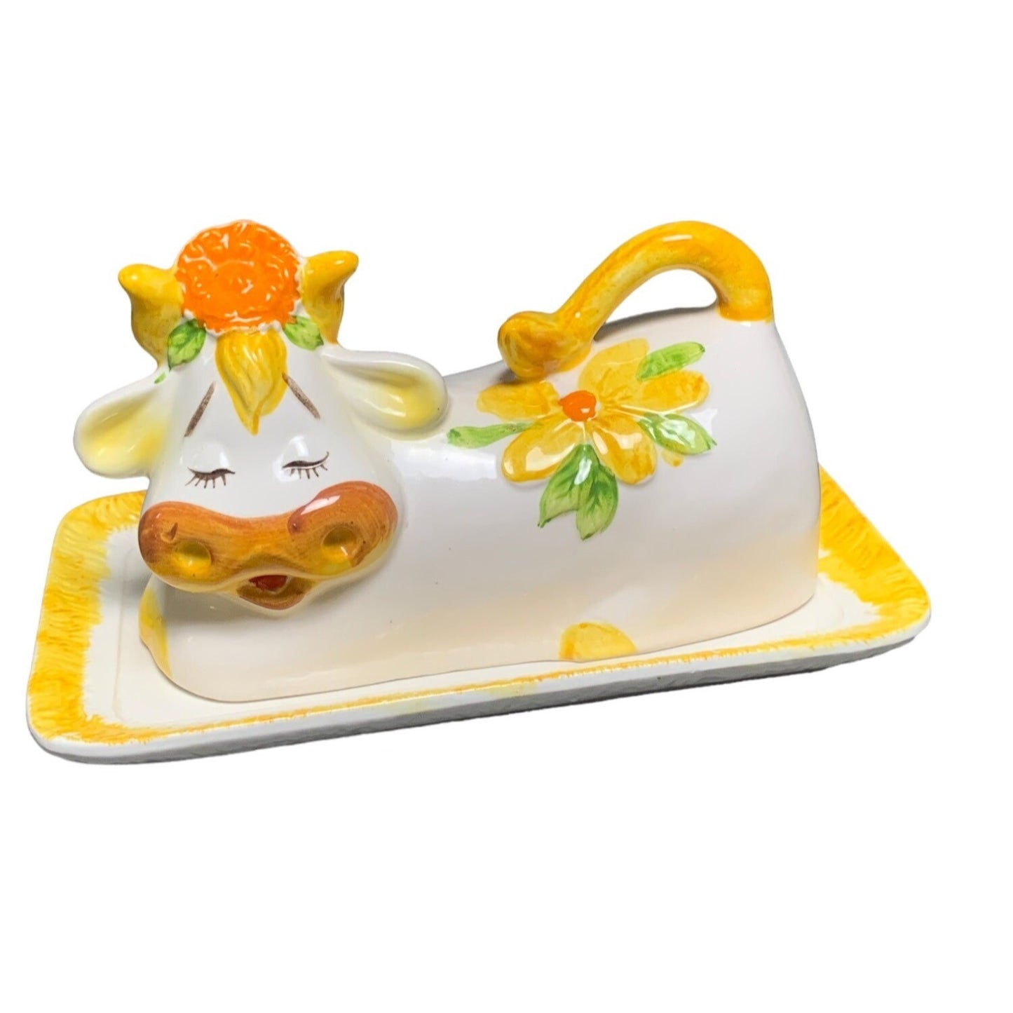 Vintage Lefton Bossie Cow Butter Dish Ceramic with Yellow Floral Accents