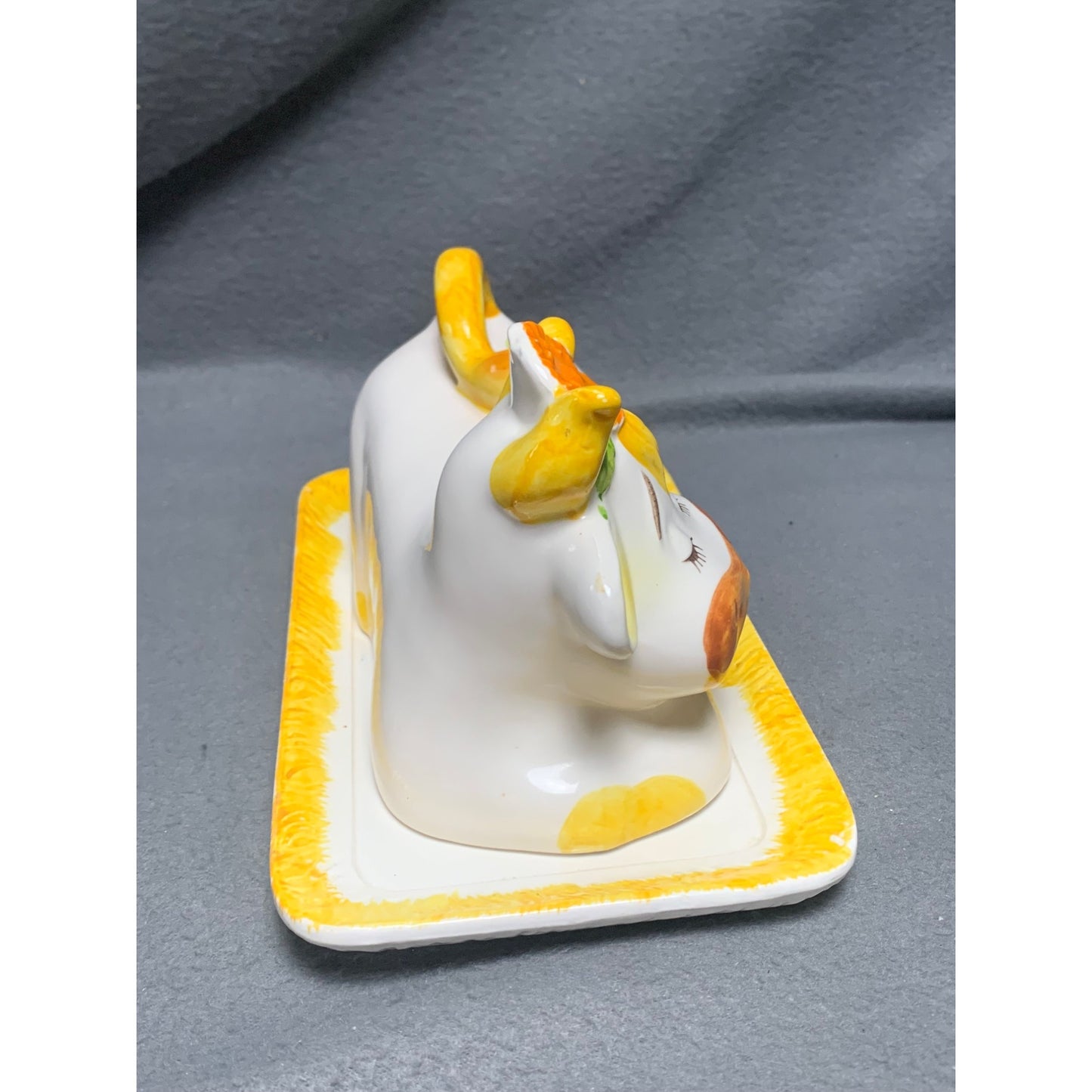 Vintage Lefton Bossie Cow Butter Dish Ceramic with Yellow Floral Accents