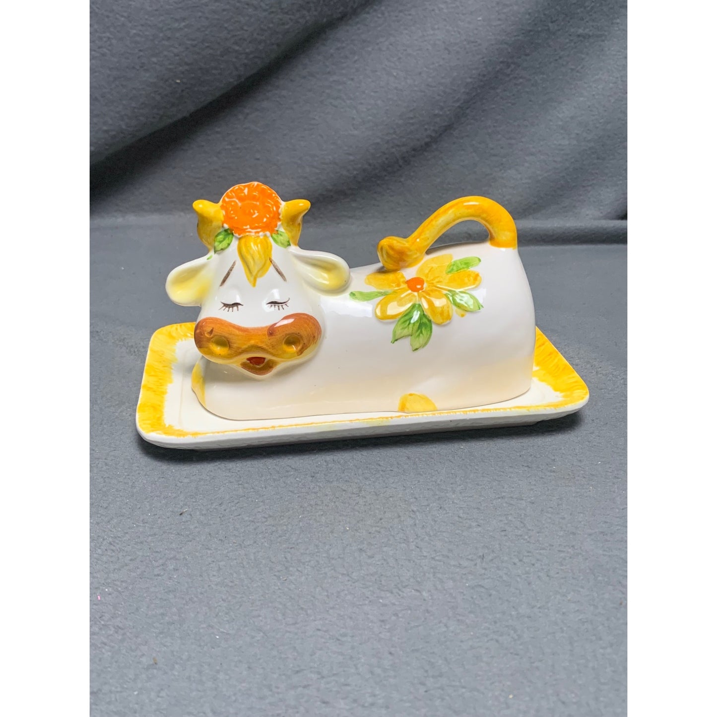 Vintage Lefton Bossie Cow Butter Dish Ceramic with Yellow Floral Accents