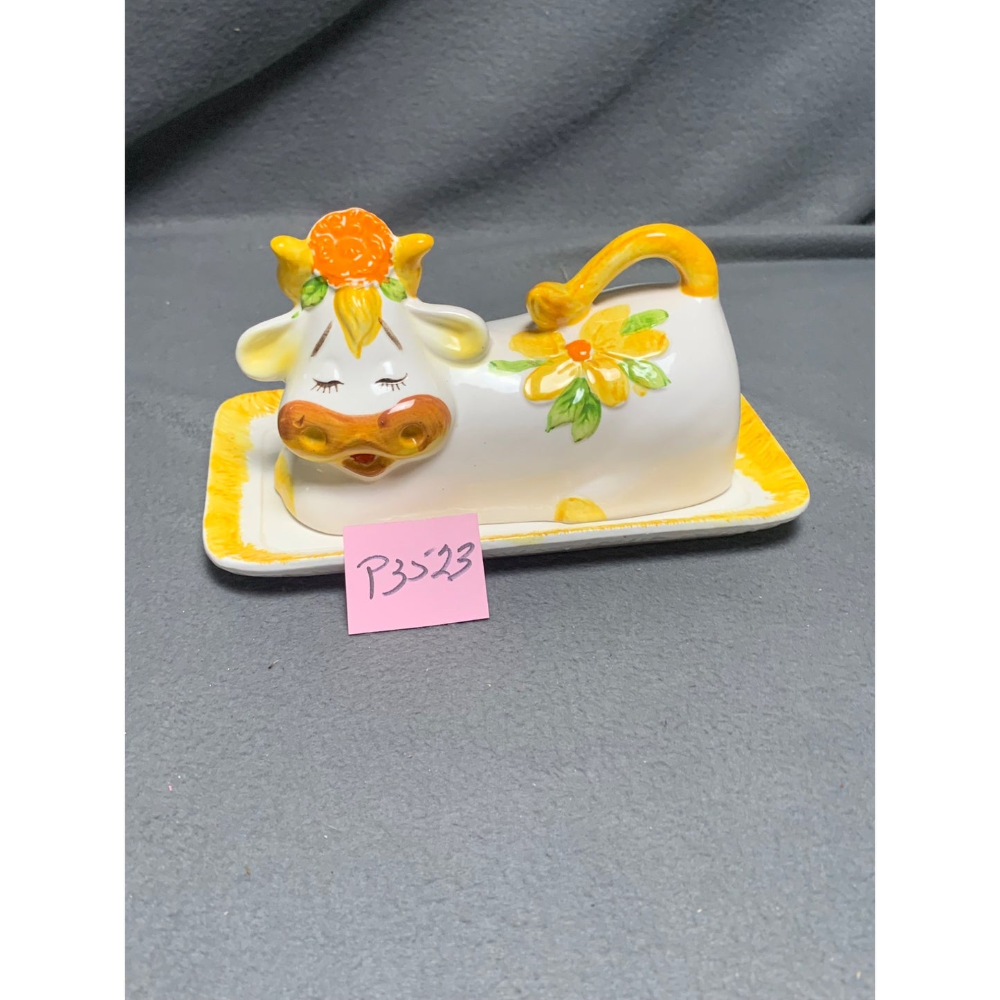 Vintage Lefton Bossie Cow Butter Dish Ceramic with Yellow Floral Accents