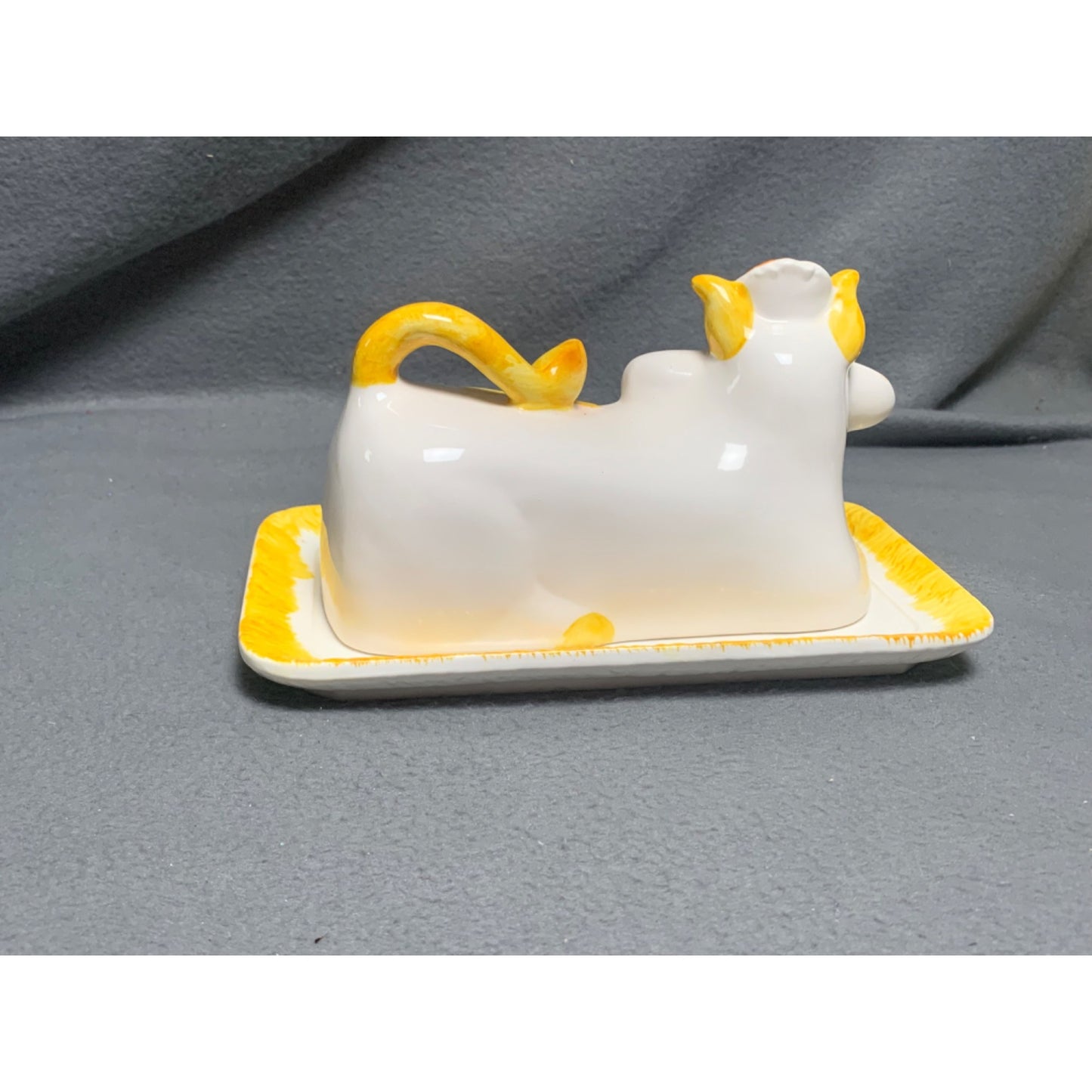 Vintage Lefton Bossie Cow Butter Dish Ceramic with Yellow Floral Accents