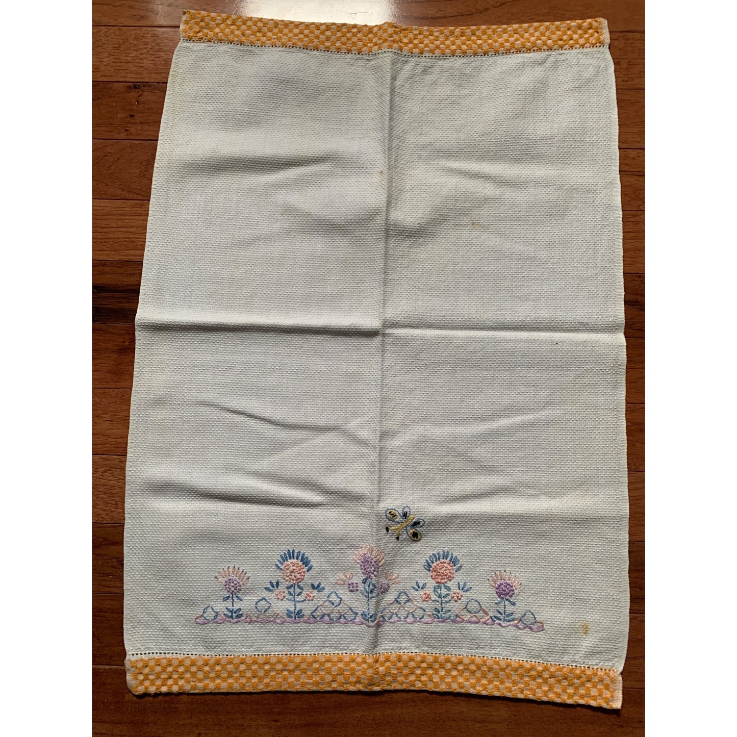 Vintage Blue Pink and Purple embroidered flower hand towel