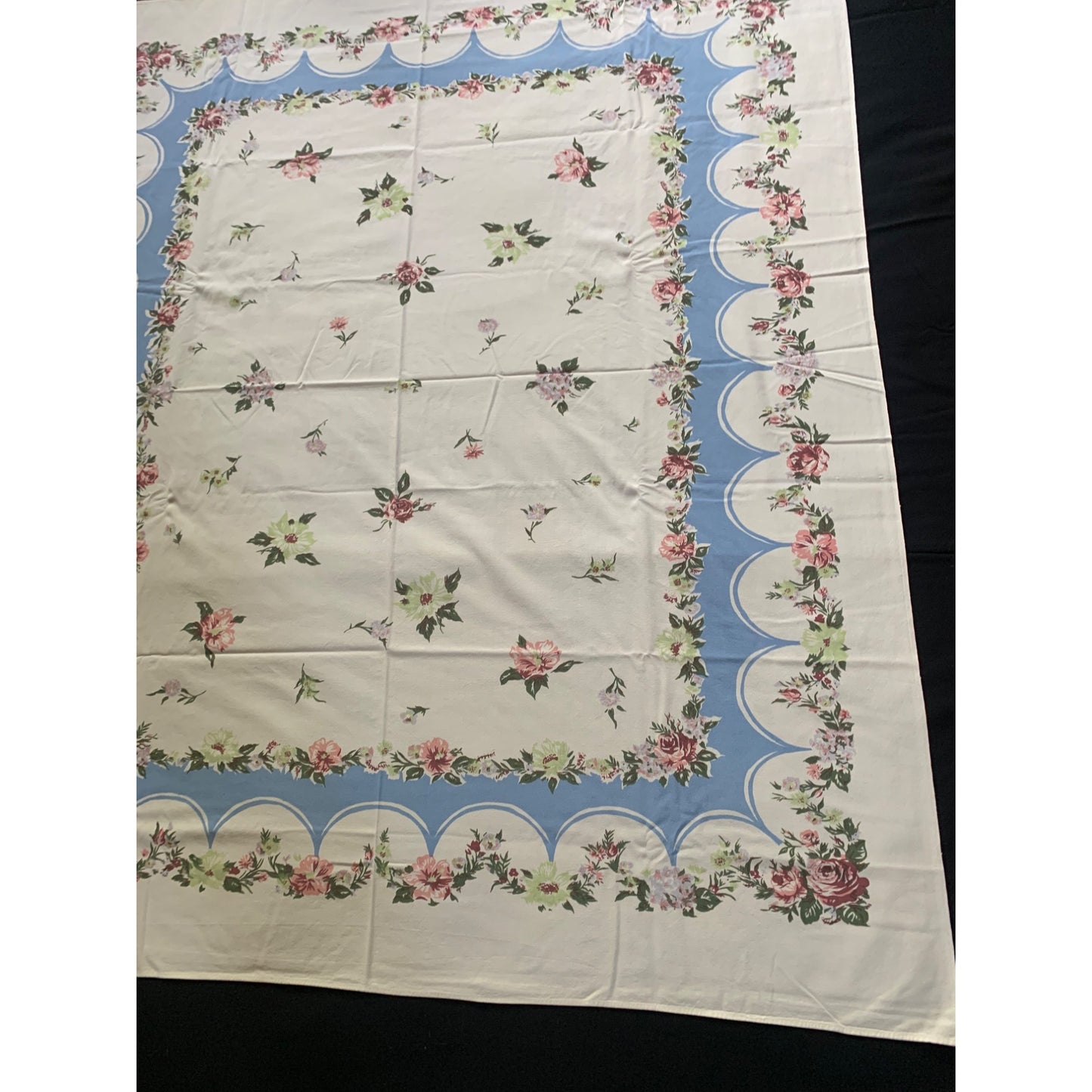 Vintage Blossom Breeze Floral Tablecloth with Blue & Pink Rose Border