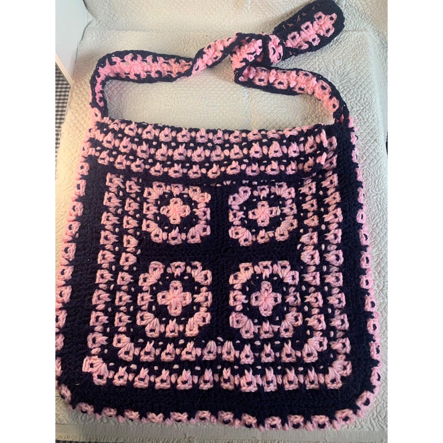 Handmade Pink & Navy Hand Crocheted Fabric Lined Handbag