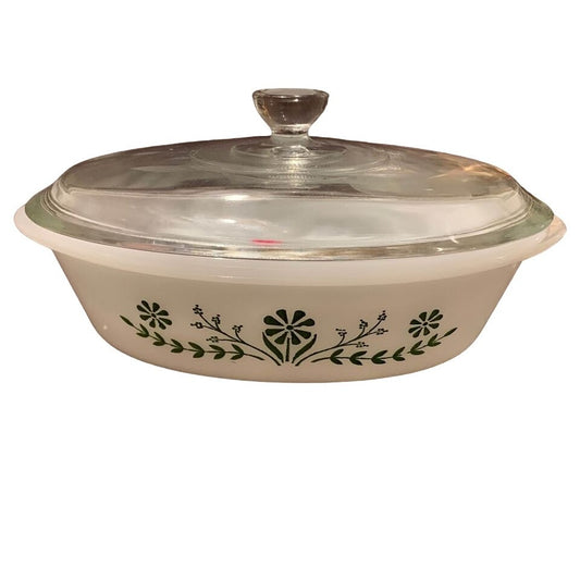 Glasbake Green Daisy 1Qt Bakeware Oval with Lid