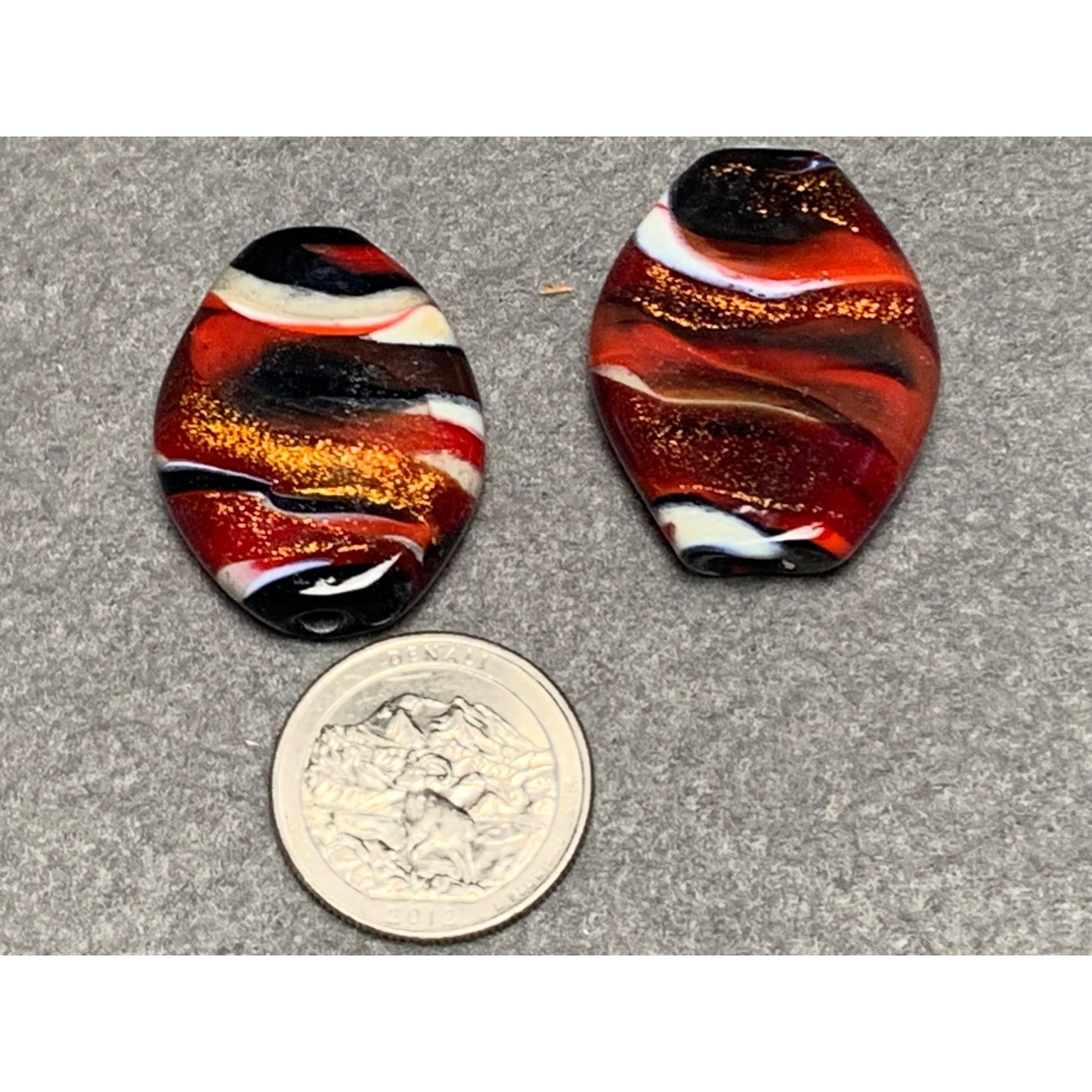 Handcrafted Lampwork Glass Beads - Red Black & Gold Glitter Swirl 2 Pcs Oval Shape